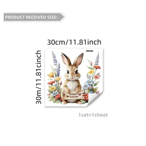 Détail d'autocollant mural lapin de Pâques et fleurs 30x30 cm pour déco de salle de bain