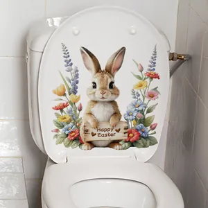 Sticker pour abattant WC de Pâques avec lapin mignon, panneau Happy Easter et fleurs printanières