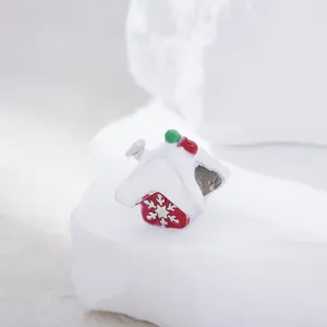 Red Christmas house charm with white snowflakes and snow-covered roof for bracelets