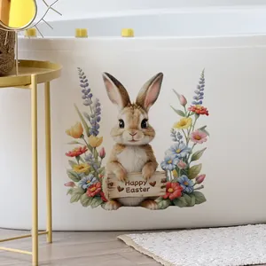 Détail d'un autocollant lapin de Pâques avec signe Happy Easter sur une baignoire