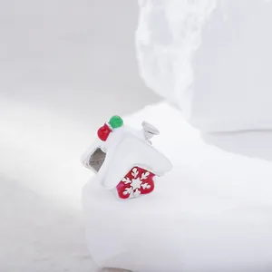 Detailed Christmas red cabin bead charm with white enamel snowflakes for DIY jewelry