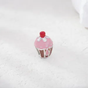 Pink cupcake charm bead with cherry detail and brown base for DIY jewelry making