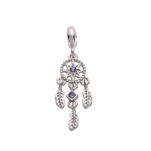 Silver dreamcatcher charm with purple zircon and three feather dangles for DIY bracelets