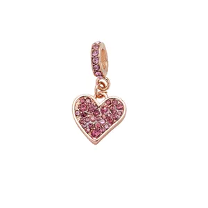 Rose gold heart charm with pink pavé crystals for DIY jewelry bracelet making