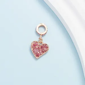 Luxury Alloy Pink Zirconia Heart Pendant Charm For DIY Bracelet Necklace Making Rose Gold Plated Heart Jewelry Accessory