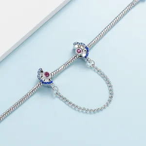 Silberne Sicherheitskette für Armbänder mit dunkelblauen und rosa Strasssteinen
