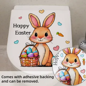 Détail d'un autocollant WC de Pâques avec lapin mignon, œufs colorés et des carottes