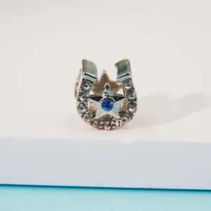 Silver horseshoe charm with star and blue crystal for DIY jewelry bracelets
