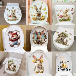 Pâques Dessin Animé Lapin Œuf Fleur Papillon 3D PVC Stickers de Toilette Décoration de Salle de Bain Autocollant Amovible Mural