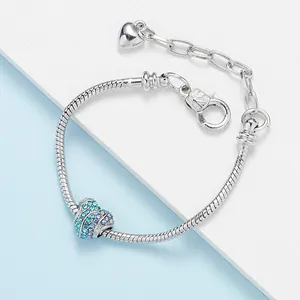 Bracelet chaîne serpent en argent avec breloque cœur pensée bleue et strass brillants