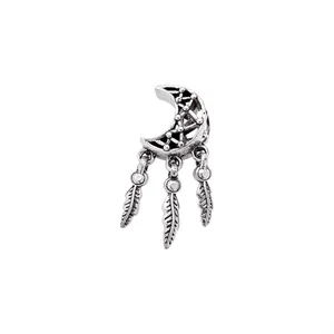 Ethnic style silver alloy dreamcatcher moon charm with hanging feathers for DIY jewelry