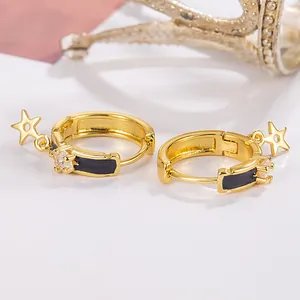 Gold star hoop earrings with black enamel coating and zircon inlay for women