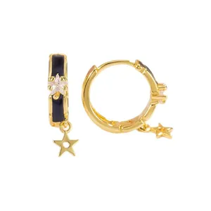 Gold star hoop earrings with black enamel and sparkling zircon dangles for women