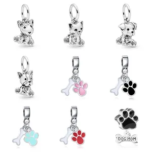 Alloy Pet Dog Cat Paw Print Bone Pendant Bead DIY Bracelet Charm For Women Animal Lovers Jewelry Making Accessory