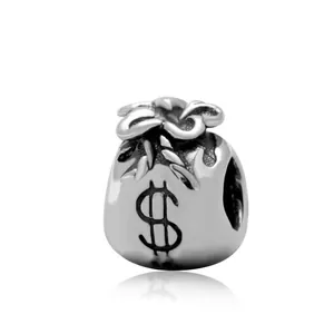 Perle à Gros Trou en Alliage Rétro Forme de Sac d'Argent Avec Signe Dollar pour Création de Bijoux DIY Bracelet