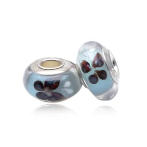 Blue glass charm bead with purple butterfly pattern and S925 sterling silver core