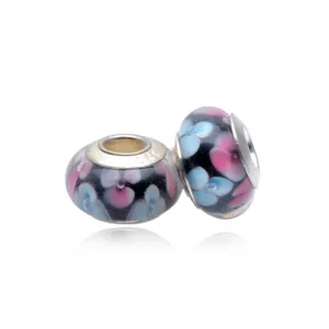 Detail of S925 sterling silver glass beads with blue and pink floral patterns