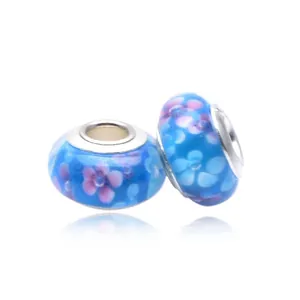 Blue glass charm beads with pink floral patterns and silver metal core for DIY bracelets