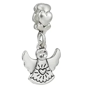 Silver angel charm pendant with heart bail and clear zircon stone for DIY bracelets
