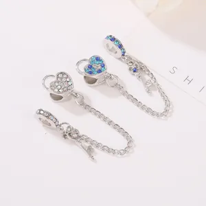 Ciondolo a lucchetto a cuore argento con cristalli blu e catena di sicurezza per bracciali