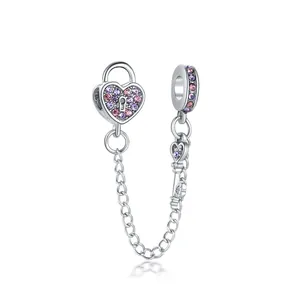 Catena di sicurezza per bracciali con lucchetto a cuore e pietre di zircone viola