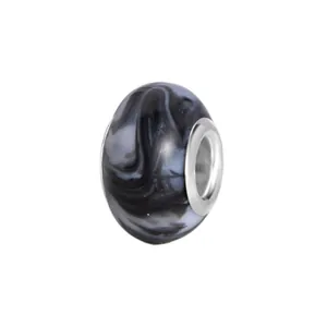 Polished black and white marble pattern glass charm bead with silver metal core