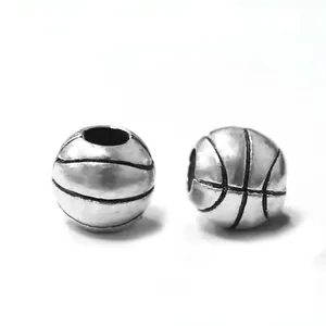 Silver basketball charm beads with detailed engraving for DIY jewelry bracelets