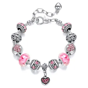 Romantic Heart Charm Bracelet Silver Plated Alloy Colorful Beads Austrian Crystal Snake Chain For Women Jewelry Gift