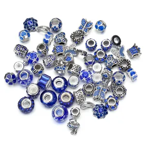 50pcs blue crystal glass and S925 silver large hole beads for DIY charm bracelets