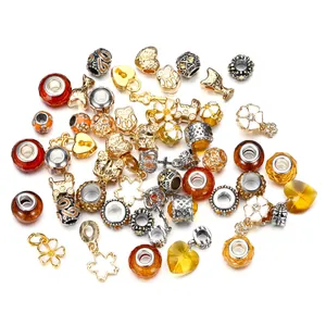 Variety of 50 crystal glass and alloy large hole beads and charms for DIY jewelry bracelets