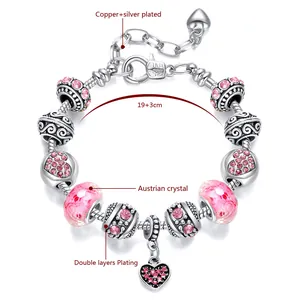 Pink Austrian crystal and silver-plated heart charm bracelet with 19+3cm extension