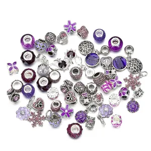 Detailed collection of purple crystal and silver alloy large hole beads for DIY jewelry