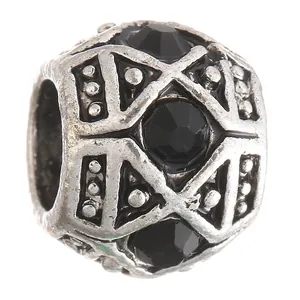 Perla fai-da-te argento antico con motivi geometrici e strass neri sfaccettati