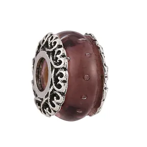 Purple faceted glass charm with vintage hollow metal trim for DIY bracelets