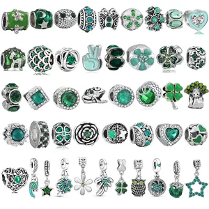 Vintage Alloy Emerald Green Crystal Charm Beads For Bracelet DIY Jewelry Making Owl Clover Heart Animal Star Moon Charms