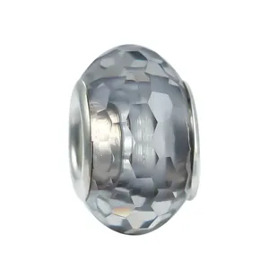Deep grey faceted crystal charm with silver large hole core for DIY bracelet jewelry