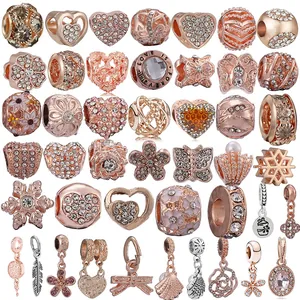 Alloy Rose Gold Charms For Bracelet Necklace DIY Jewelry Making Zirconia Heart Flower Snowflake Butterfly Beads Pendants