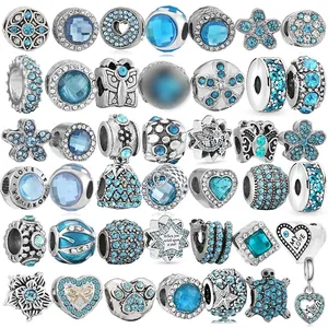 Blue Crystal Heart Flower Star Butterfly Charms For DIY Bracelet Making Alloy Silver Plated Rhinestone Beads Women Jewelry Accessory
