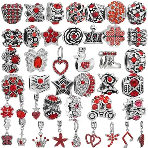Vintage Alloy Red Rhinestone Charms DIY Jewelry Accessories Crown Heart Four-Leaf Clover Beads For Bracelets Women Gifts