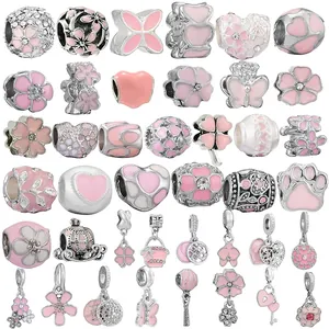 Pink Alloy Enamel Flower Heart Butterfly Charms For DIY Bracelets Rhinestone Beads Jewelry Accessories For Women Girls