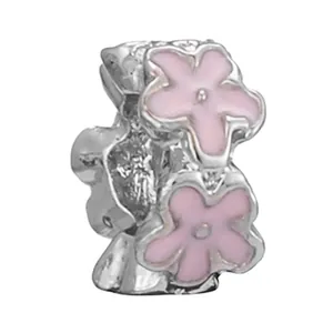 Silver charm bead with pink flowers for DIY bracelets, featuring hollow cylindrical design
