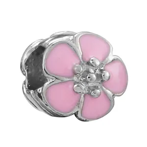 Pink enamel flower charm bead in silver metal for DIY bracelets and jewelry