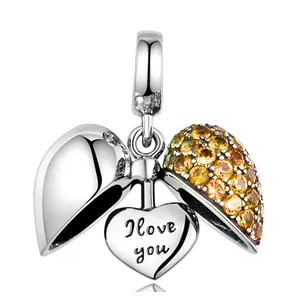 Sparkling heart clover charm with I Love You engraving for DIY bracelet jewelry