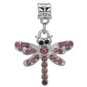 Silver dragonfly charm with pink rhinestones for DIY bracelets and necklaces