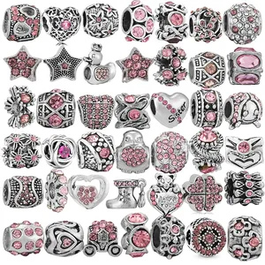 Vintage Alloy Antique Silver Pink Zirconia Charms Heart Star Animal Beads For DIY Bracelet Jewelry Making Women