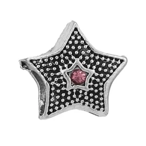 Star-shaped silver charm with pink zircon and textured dot pattern for DIY bracelets