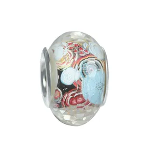Faceted transparent glass charm bead with colorful spiral patterns for DIY bracelets