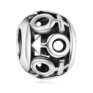 S925 sterling silver hollow charm bead featuring male and female gender symbols for DIY bracelet