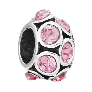 Hollow silver barrel charm with pink zircon stones for DIY bracelet making