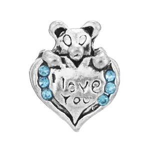 Colgante corazón de oso plateado con grabado I love You y diamantes azules para pulsera